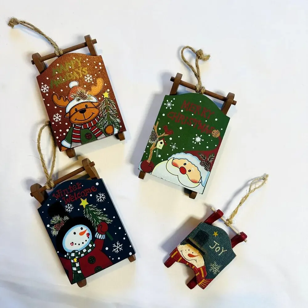 Primitive Farmhouse Christmas Bundle Of 4 Wooden Sled Tree Ornaments